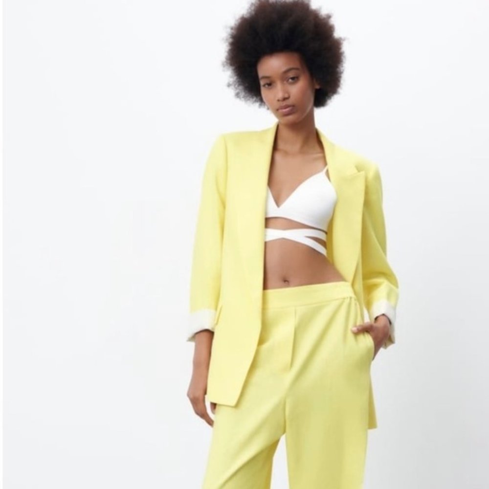 ZARA LINEN PRINTED CUFF YELLOW SUIT JACKET AND PANTS (size m)